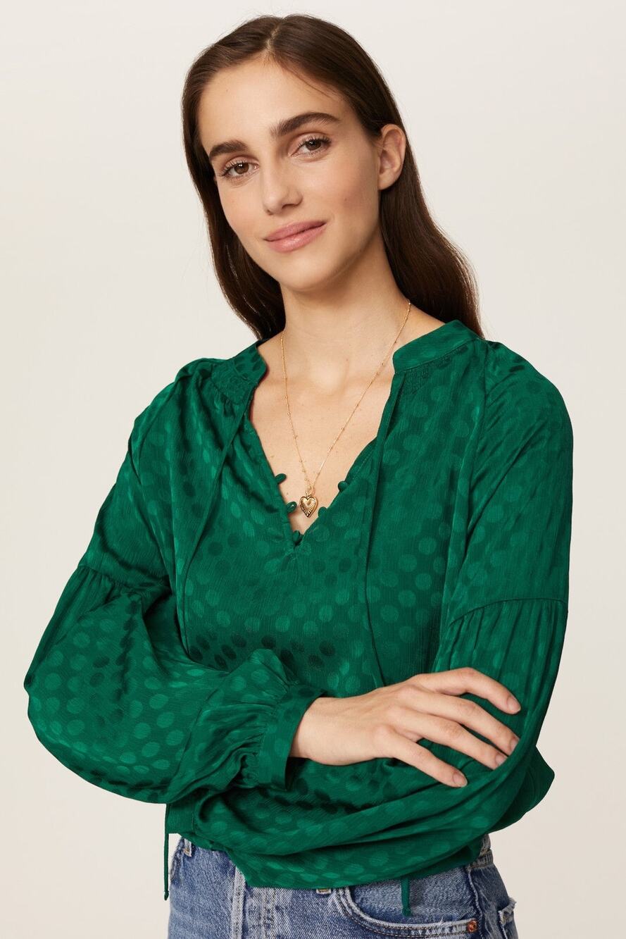 Great Jones Emerald Green Jacquard Bishop Sleeve V-Neck Blouse Size Small